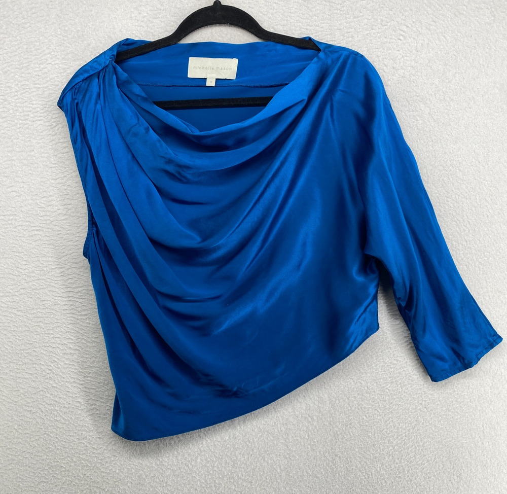 MICHELLE MASON Top 4 Silk Satin Cropped Asymmetric Cowl One Shoulder Dolman Blue